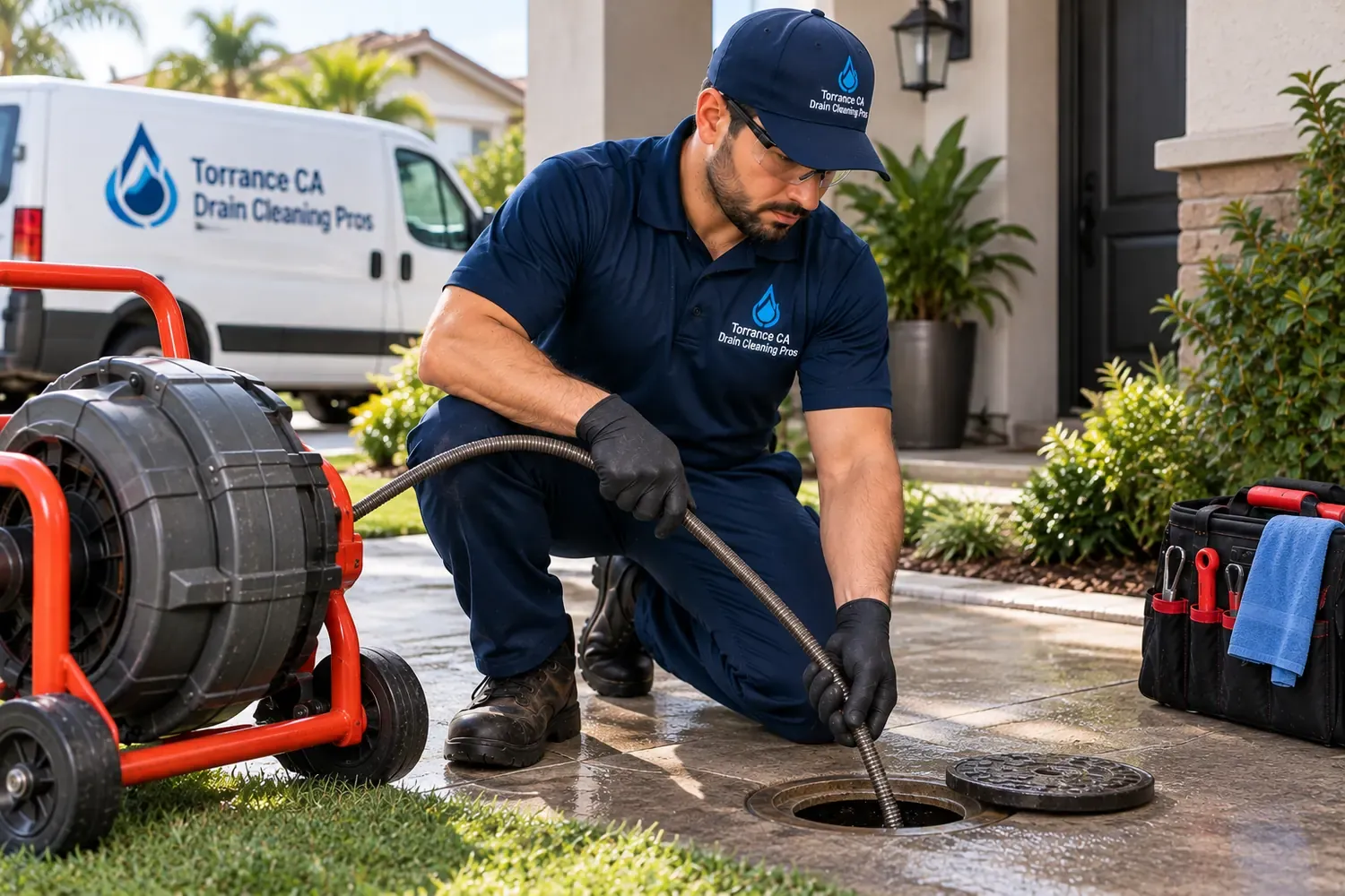 Residential drain cleaning technician servicing a Torrance home