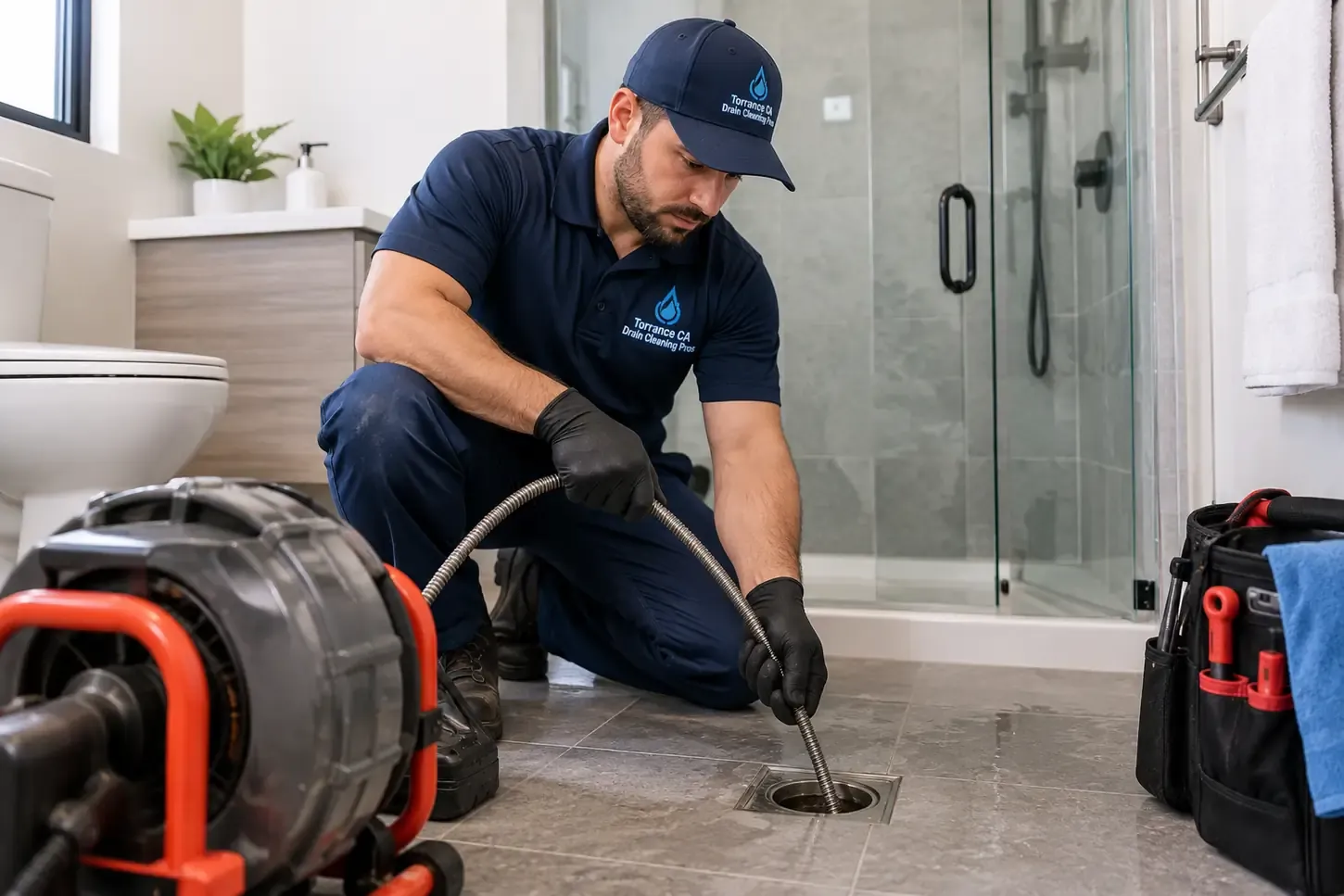 Bathroom drain snaking for hair clog in Torrance CA