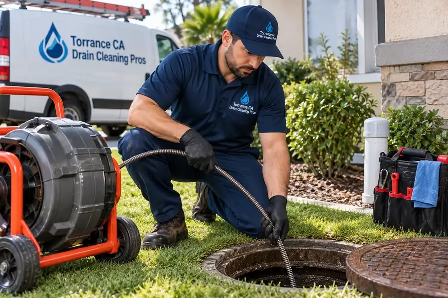 Technician servicing a main sewer line cleanout