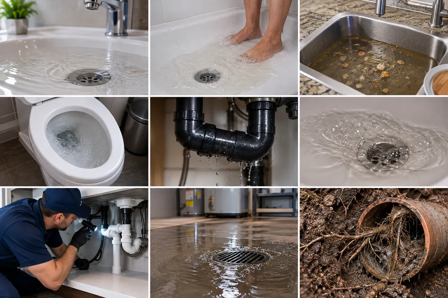 Common drain problems including slow drains, standing water, backups, floor drain overflow and tree-root sewer restrictions