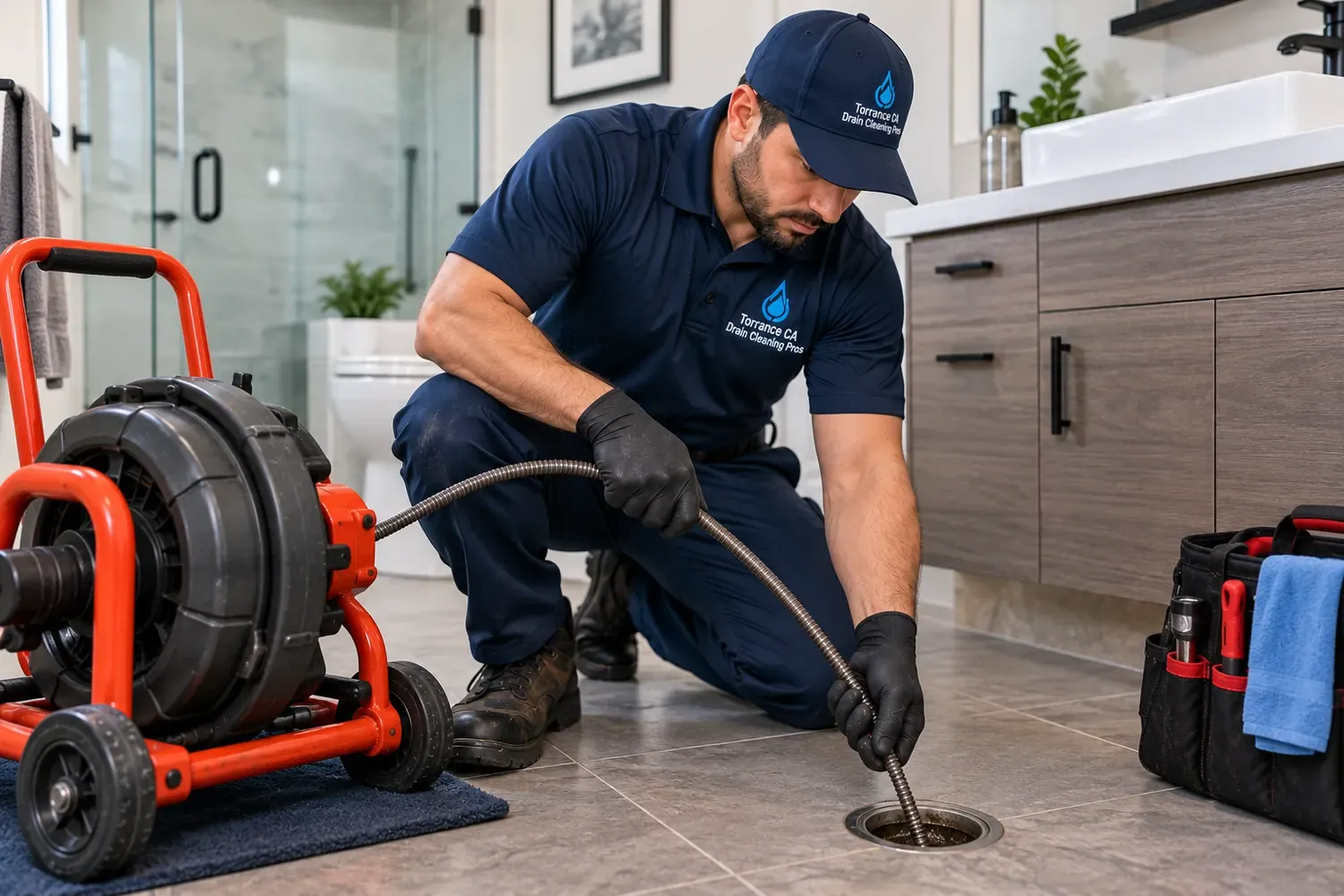Torrance technician using a professional drain snake to clear a blockage