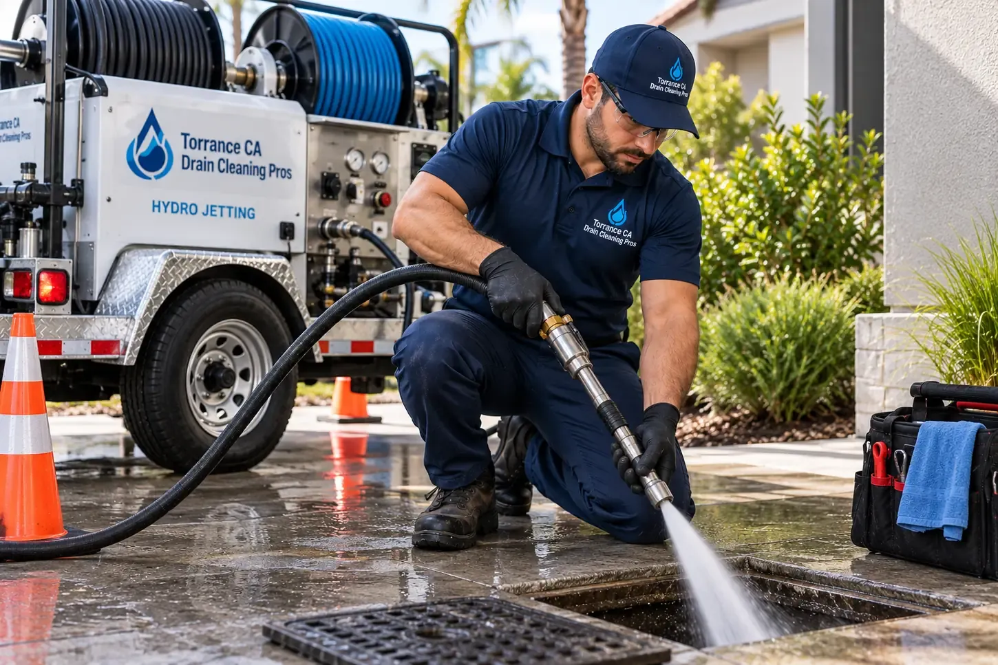 Hydro jetting technician using high-pressure drain cleaning equipment in Torrance CA
