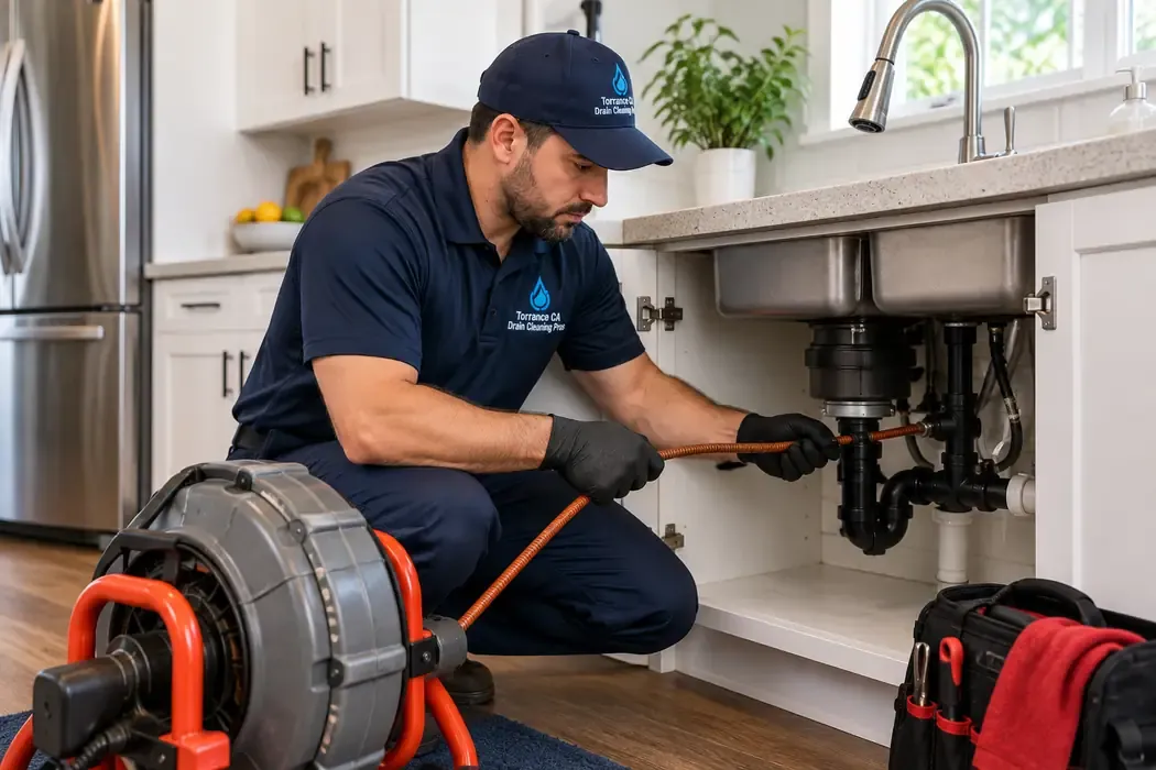 Kitchen drain cleaning technician clearing a clogged sink line