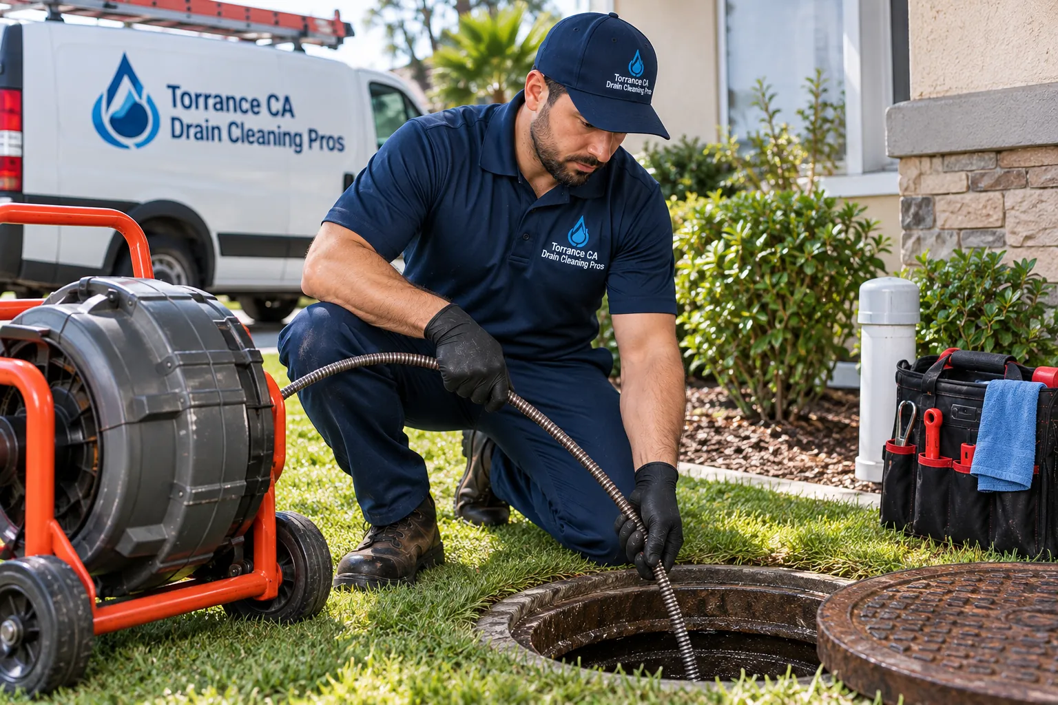 Professional sewer line service at an outdoor cleanout for Gardena area drainage systems