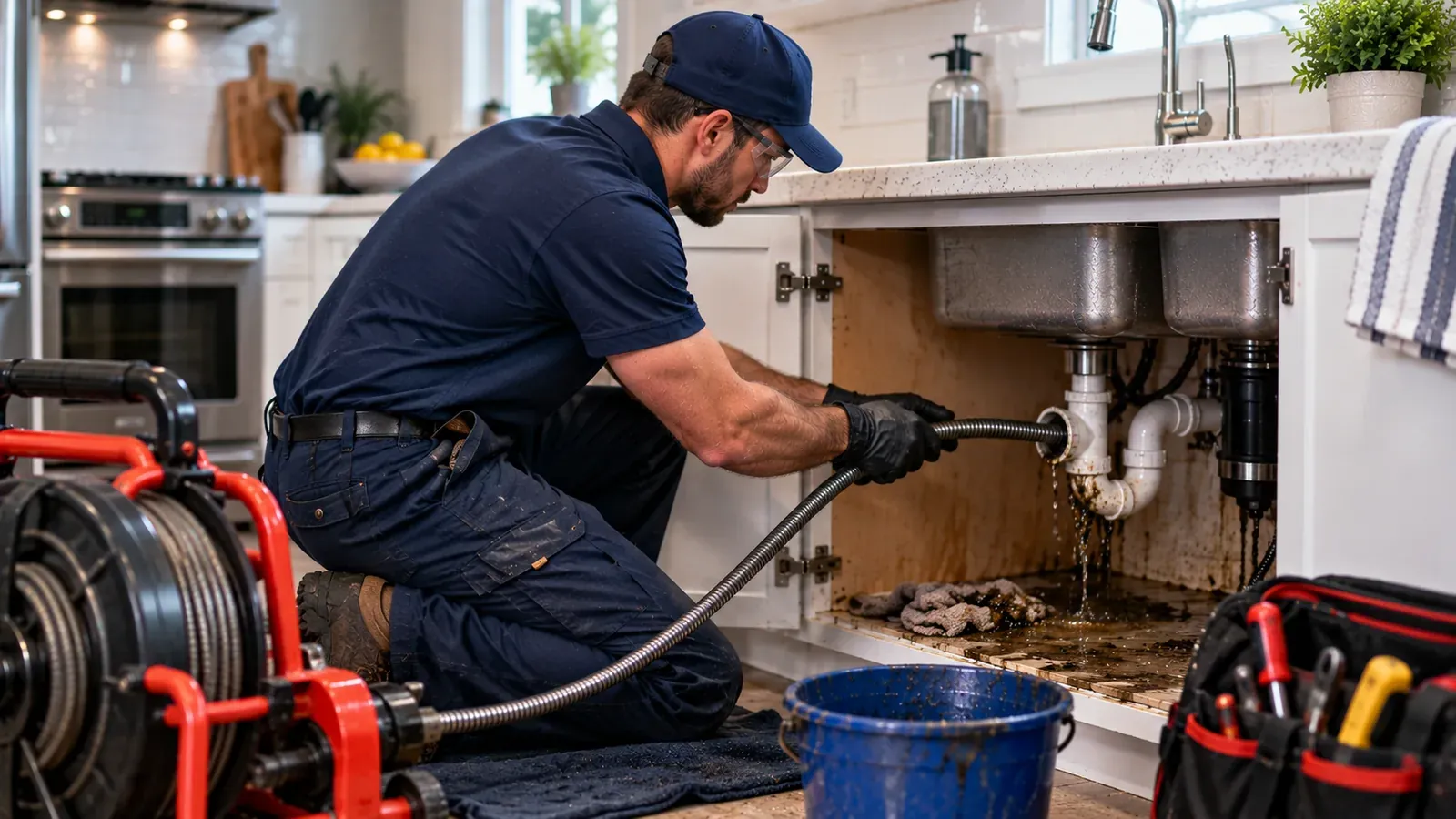 Drain cleaning technician clearing a residential sink drain in Torrance CA