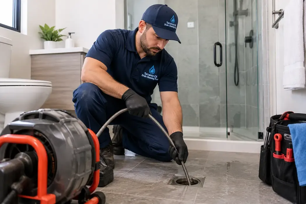 Bathroom drain cleaning technician clearing a bathroom drain