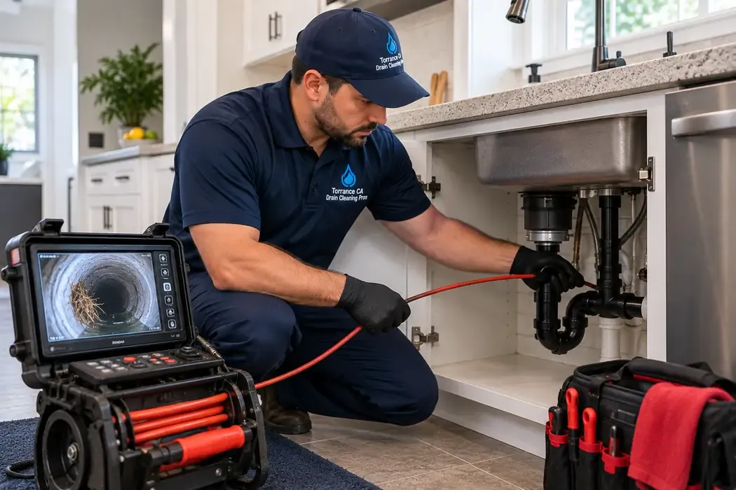 Drain camera inspection technician examining the condition of a drain line