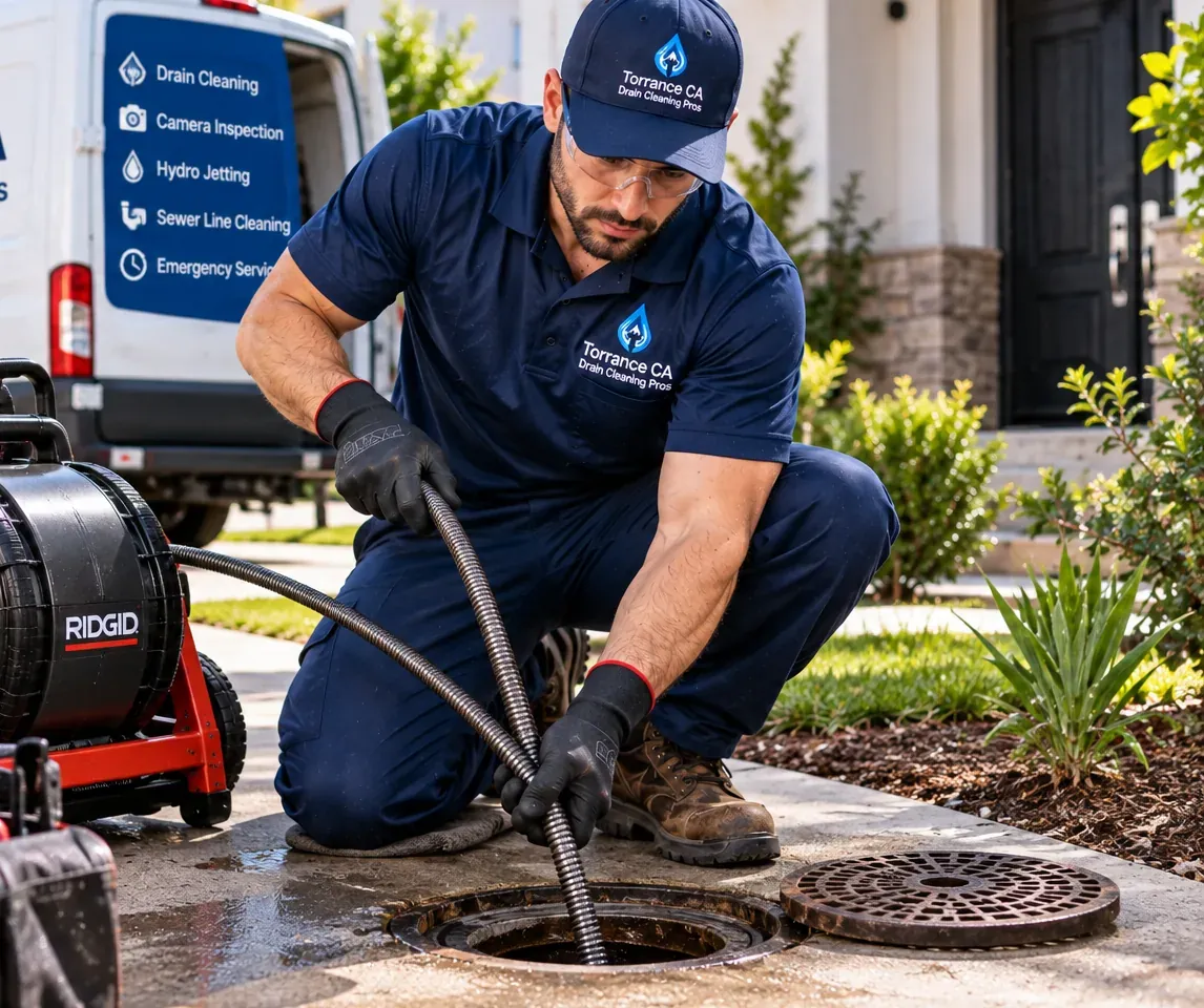 Professional drain cleaner servicing a main drain cleanout outside a Torrance home